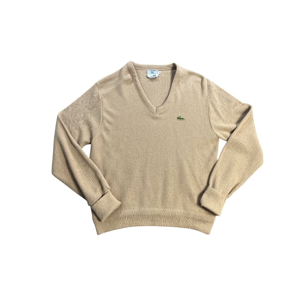 Vintage IZOD Lacoste Camel Tan V-Neck Sweater M Acrylic Knit USA Made 70”s 80”s